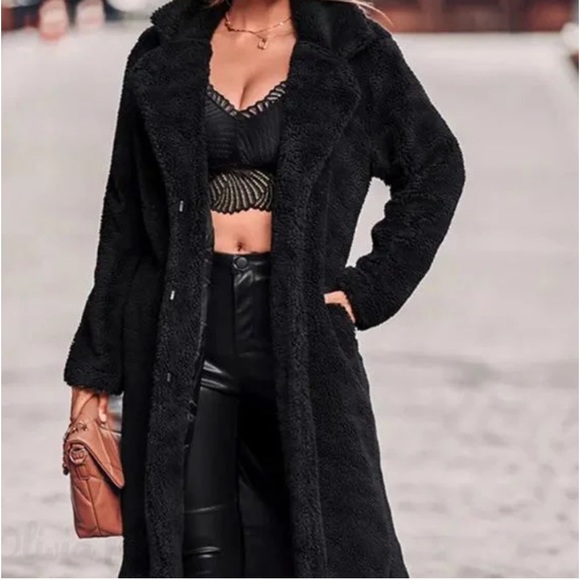 52 Black Sherpa Long Pocket Lined Cozy Chic Warm Thick Plush Teddy Faux Fur Coat - Picture 3 of 7